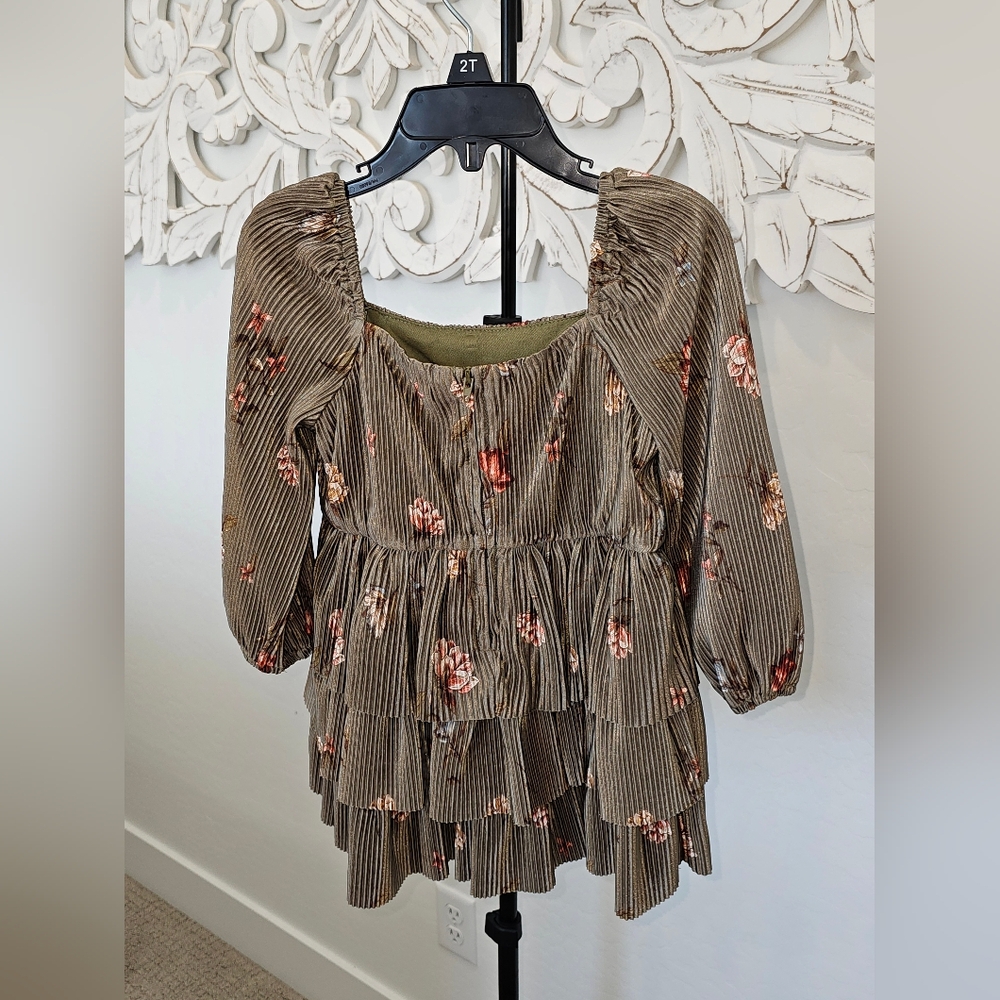 NWT GB Girls Floral Tiered Dress - Olive and Pink Size 2T - Picture 3 of 4